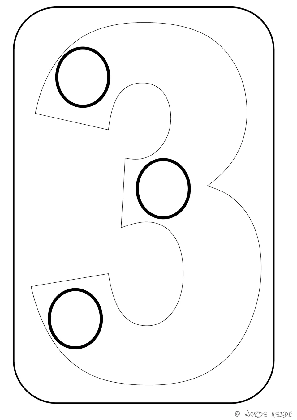 Number representation card 3 of 9: numeral 3 paired with three circles for number recognition and coloring.