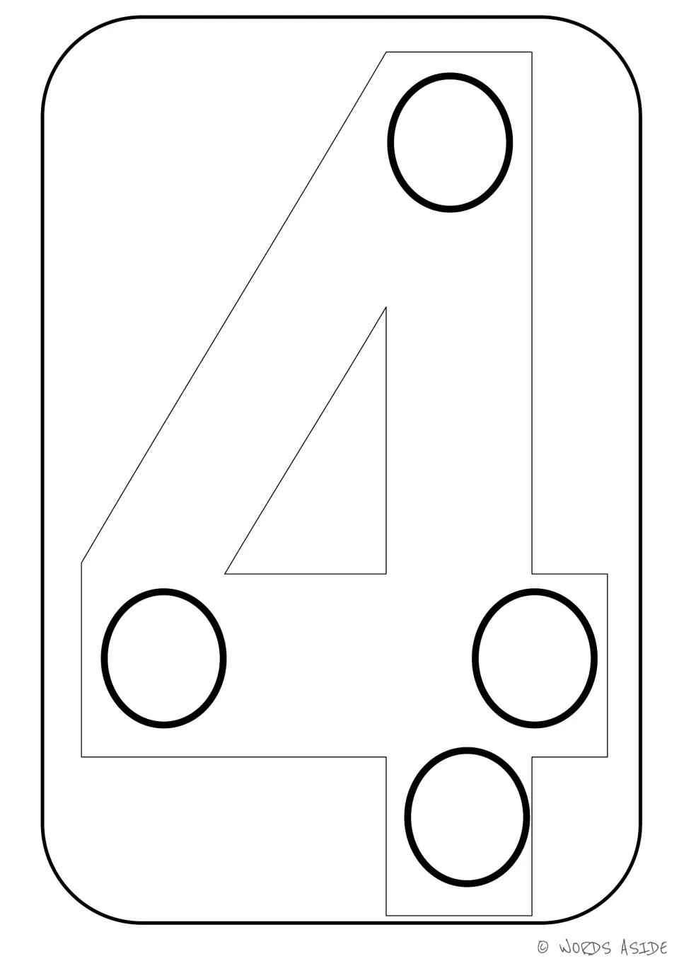 Number representation card 4 of 9: numeral 4 paired with four circles for number recognition and coloring.