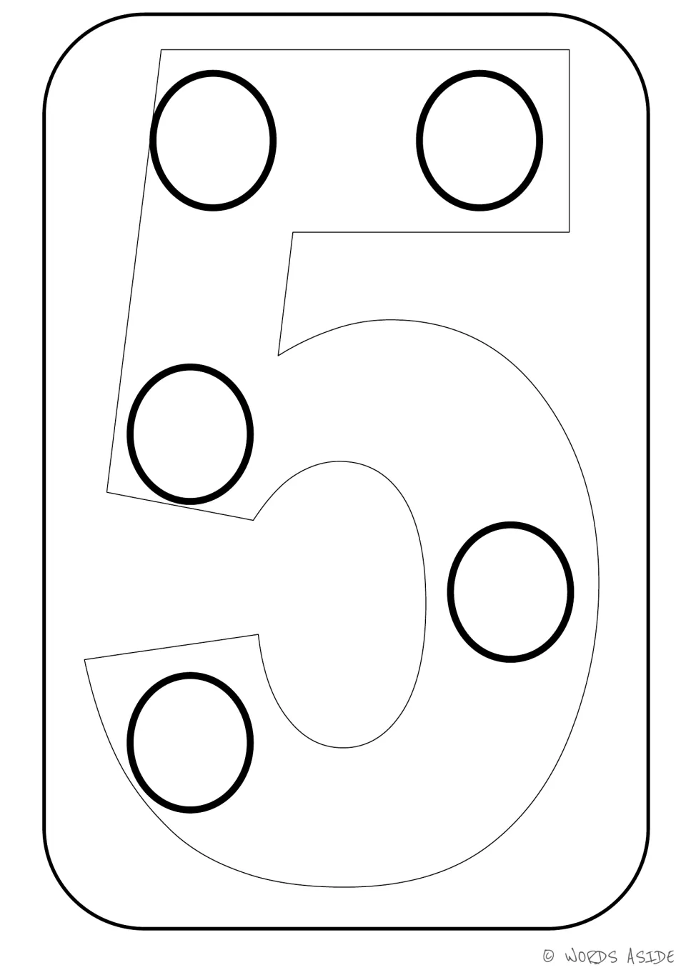 Number representation card 5 of 9: numeral 5 paired with five circles for number recognition and coloring.