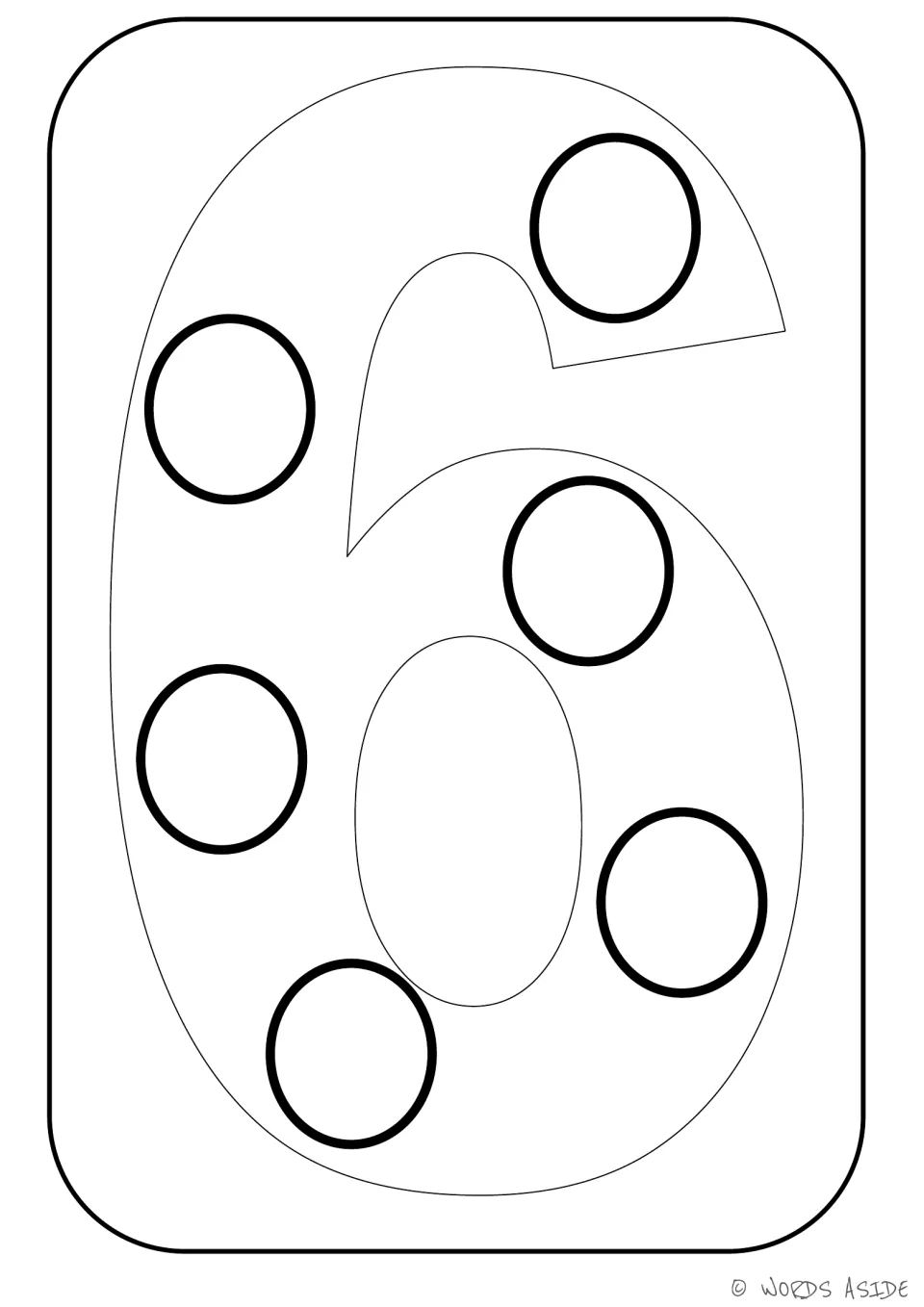 Number representation card 6 of 9: numeral 6 paired with six circles for number recognition and coloring.