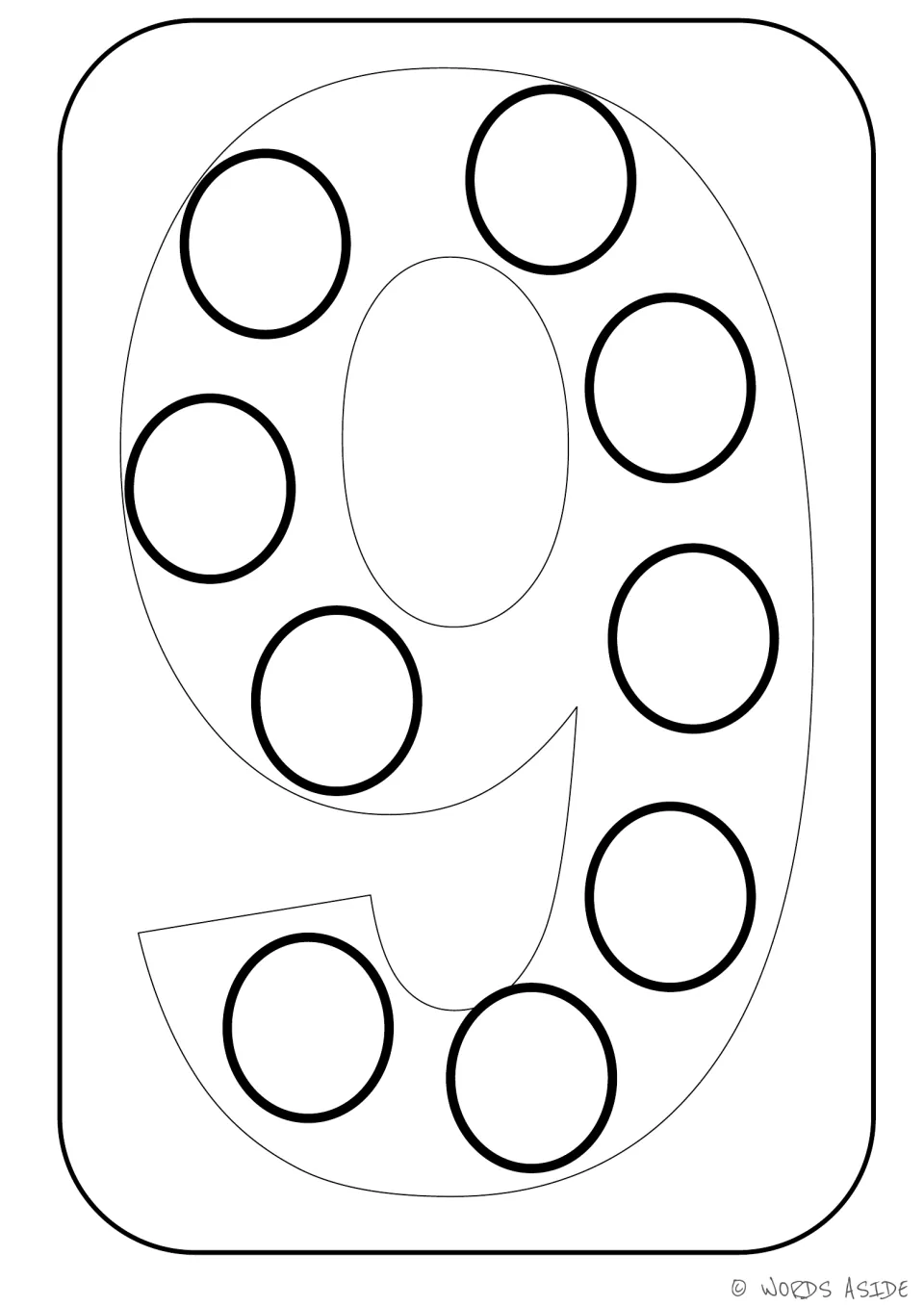 Number representation card 9 of 9: numeral 9 paired with nine circles for number recognition and coloring.