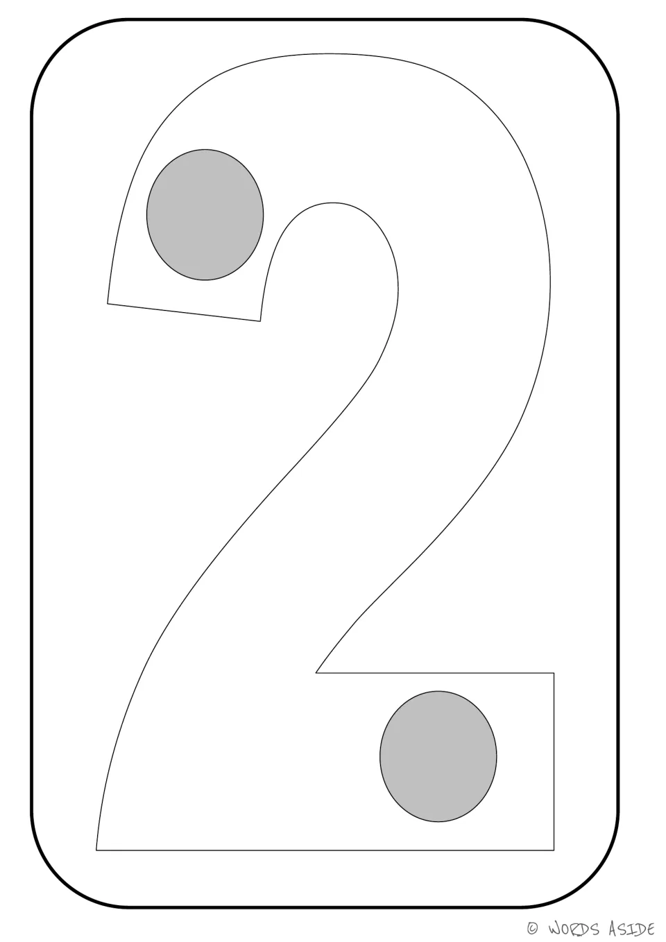 Number representation card 2 of 9: outlined numeral 2 containing two gray dots to represent a quantity of two.