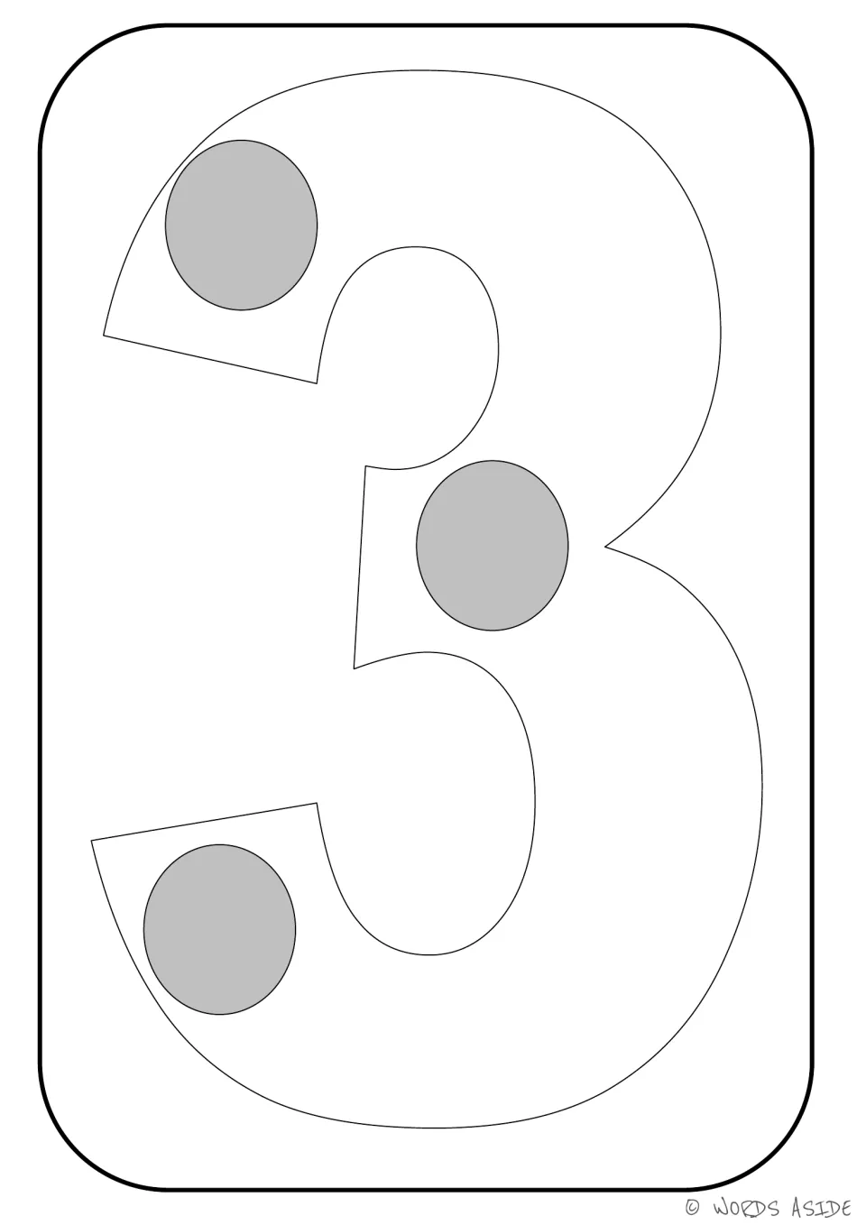 Number representation card 3 of 9: outlined numeral 3 containing three gray dots to represent a quantity of three.