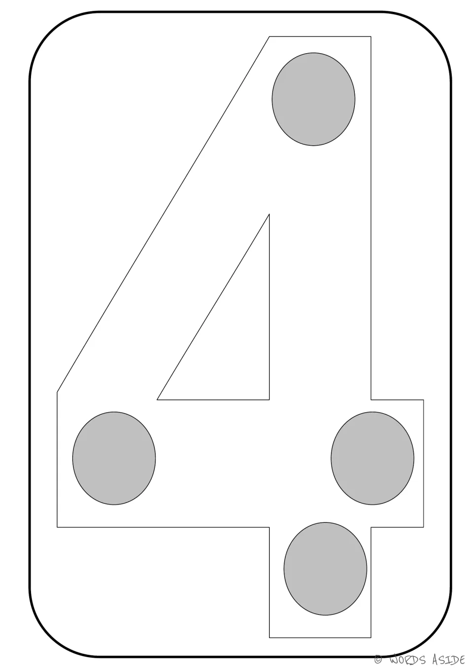 Number representation card 4 of 9: outlined numeral 4 containing four gray dots to represent a quantity of four.