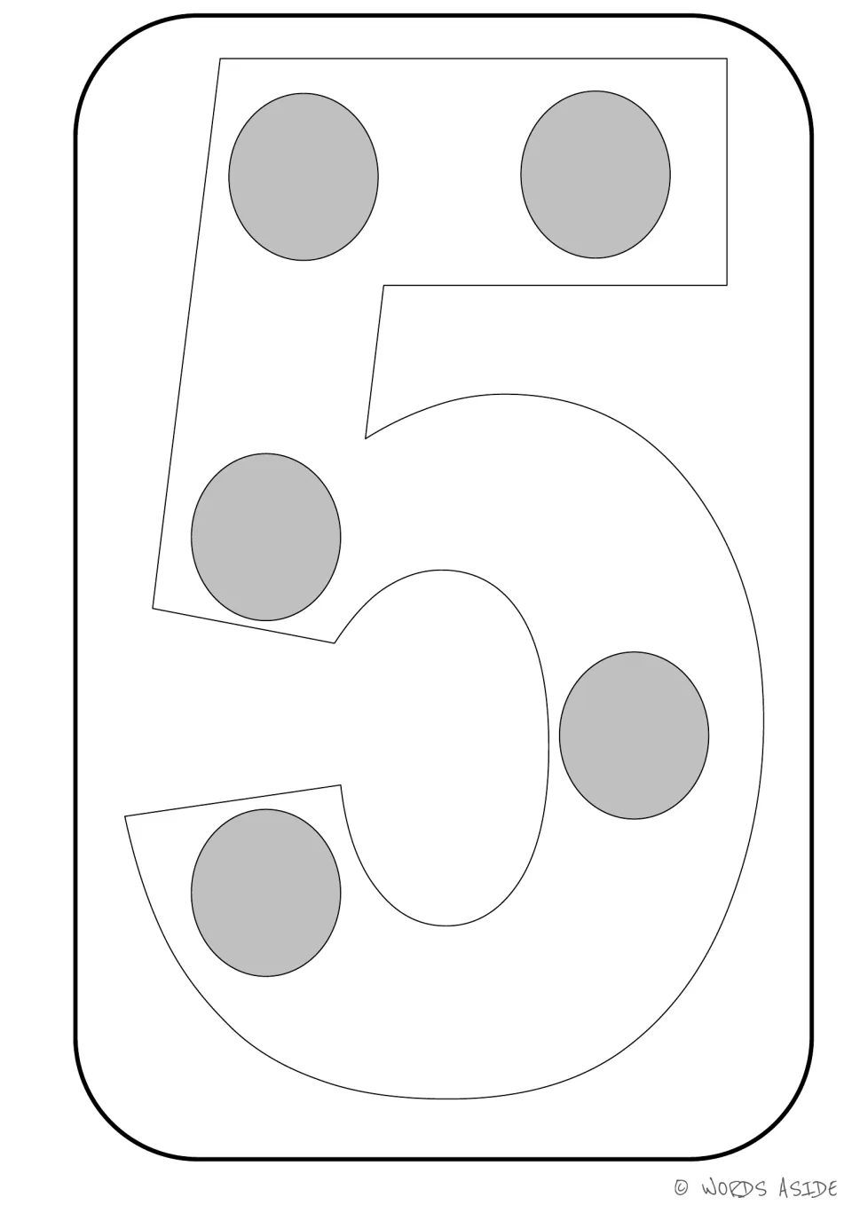 Number representation card 5 of 9: outlined numeral 5 containing five gray dots to represent a quantity of five.
