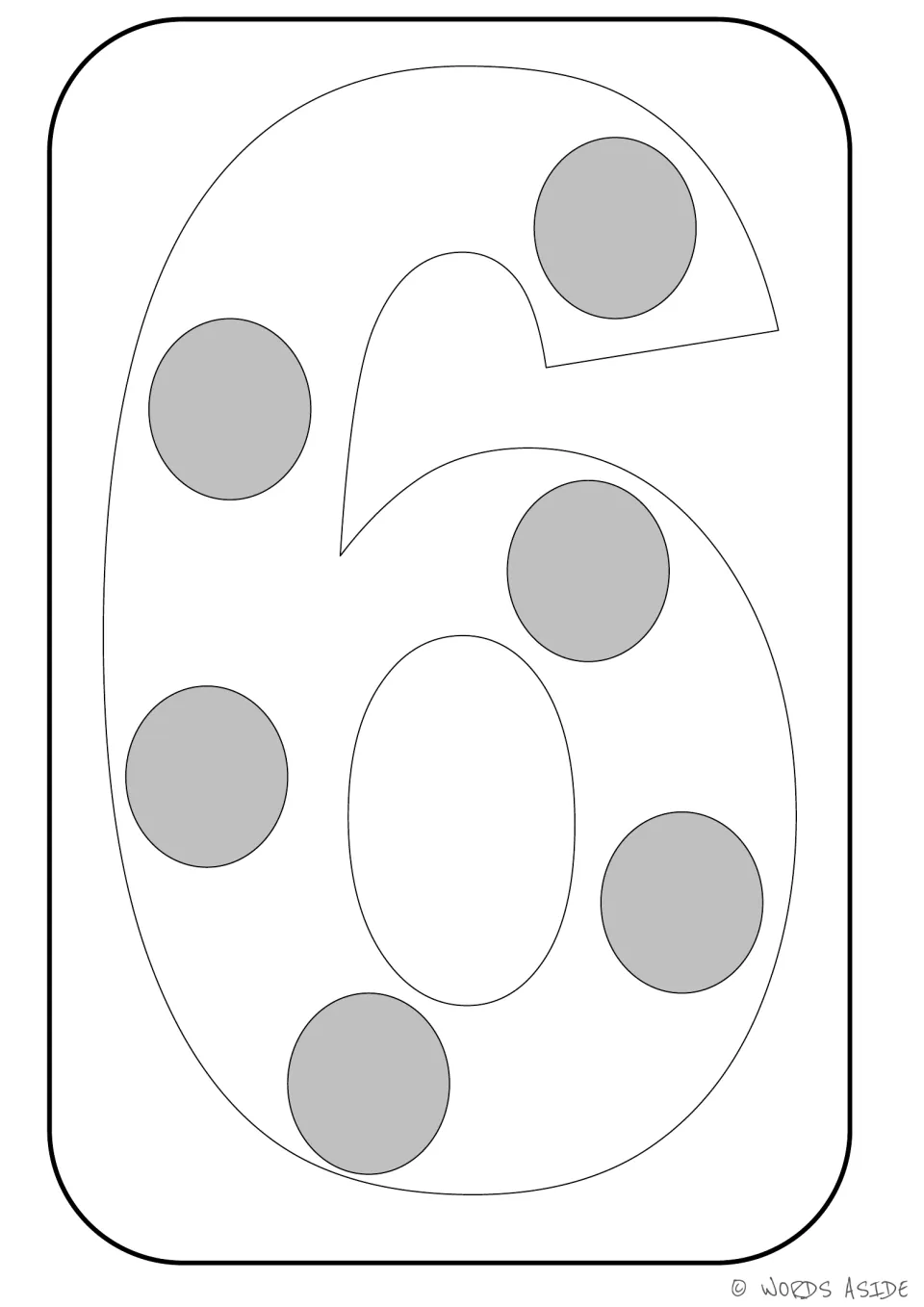 Number representation card 6 of 9: outlined numeral 6 containing six gray dots to represent a quantity of six.