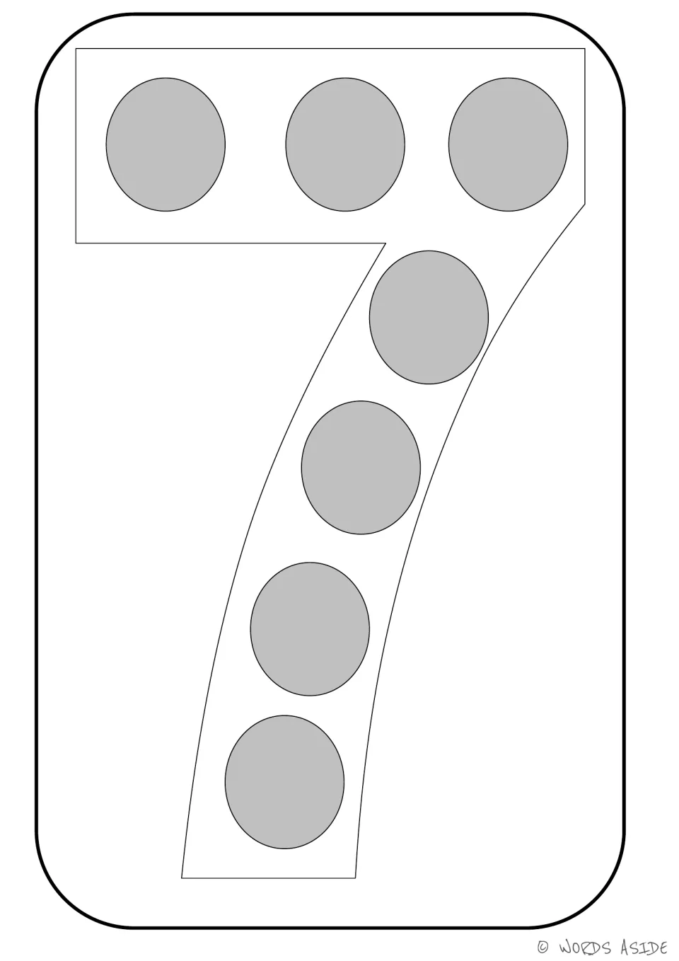Number representation card 7 of 9: outlined numeral 7 containing seven gray dots to represent a quantity of seven.