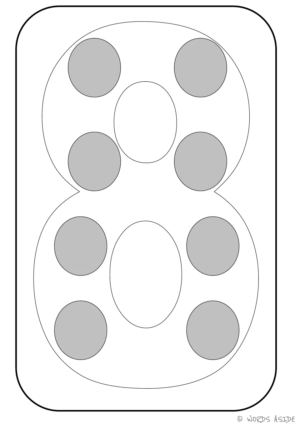 Number representation card 8 of 9: outlined numeral 8 containing eight gray dots to represent a quantity of eight.