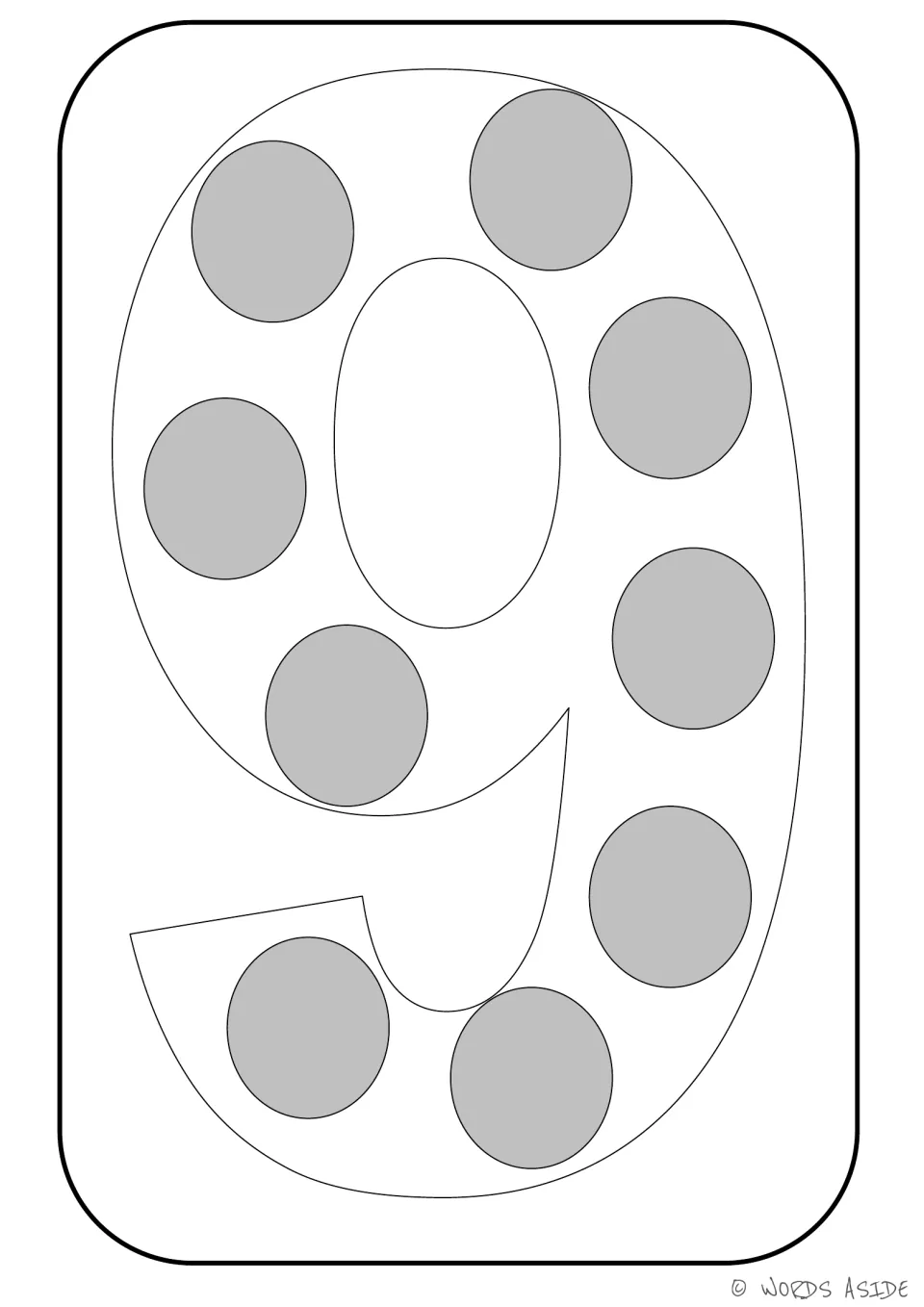 Number representation card 9 of 9: outlined numeral 9 containing nine gray dots to represent a quantity of nine.
