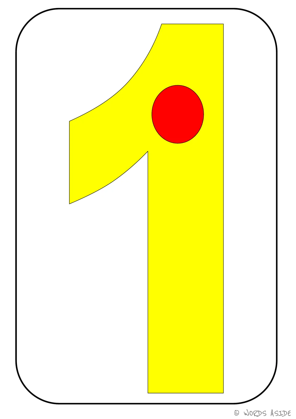 Number representation card 1 of 9: yellow numeral 1 with one red dot showing the matching quantity.