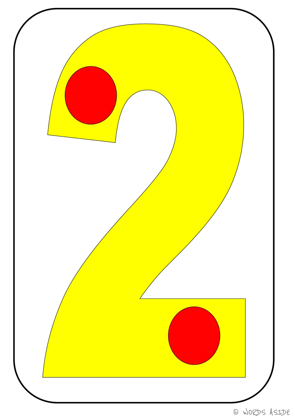 Number representation card 2 of 9: yellow numeral 2 with two red dots showing the matching quantity.