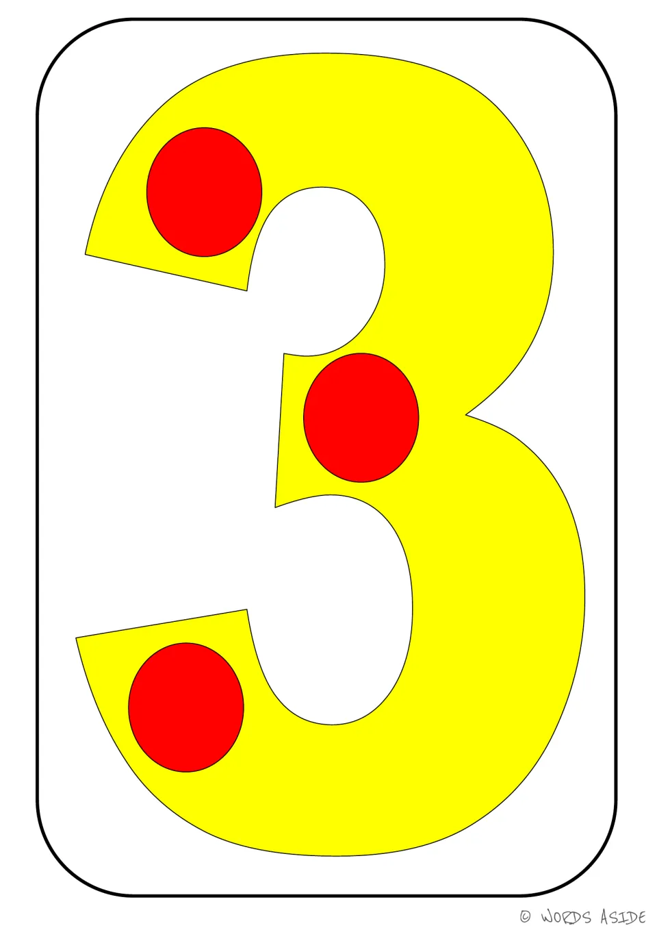 Number representation card 3 of 9: yellow numeral 3 with three red dots showing the matching quantity.