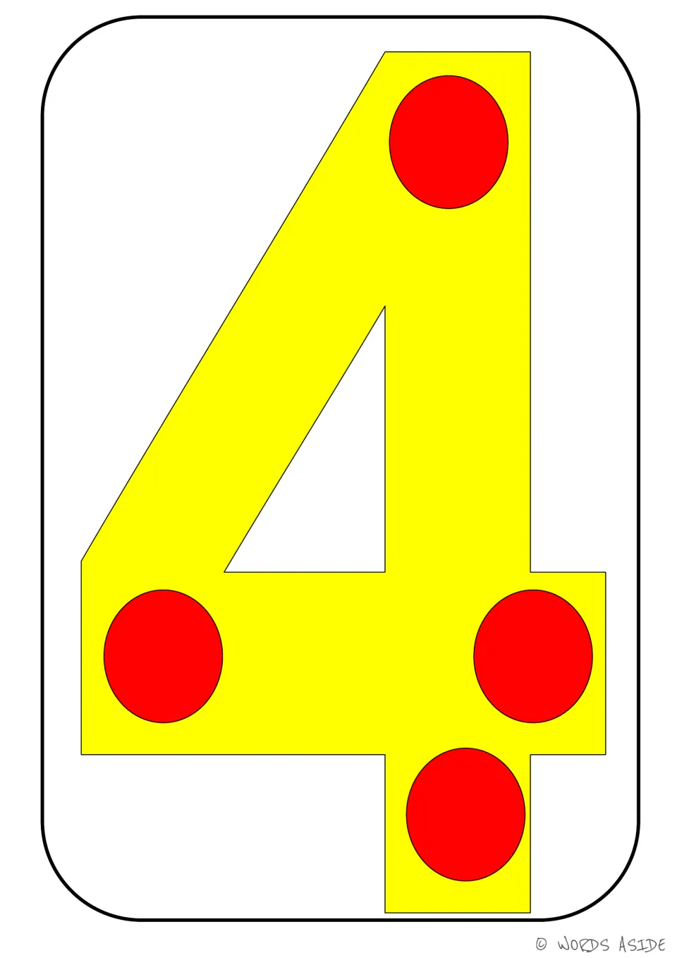 Number representation card 4 of 9: yellow numeral 4 with four red dots showing the matching quantity.