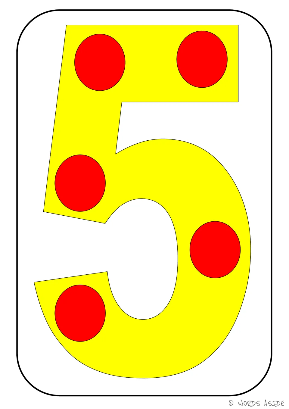Number representation card 5 of 9: yellow numeral 5 with five red dots showing the matching quantity.