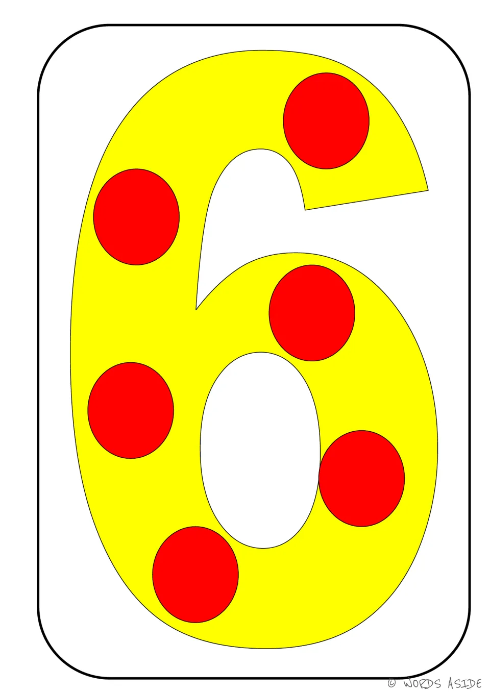Number representation card 6 of 9: yellow numeral 6 with six red dots showing the matching quantity.