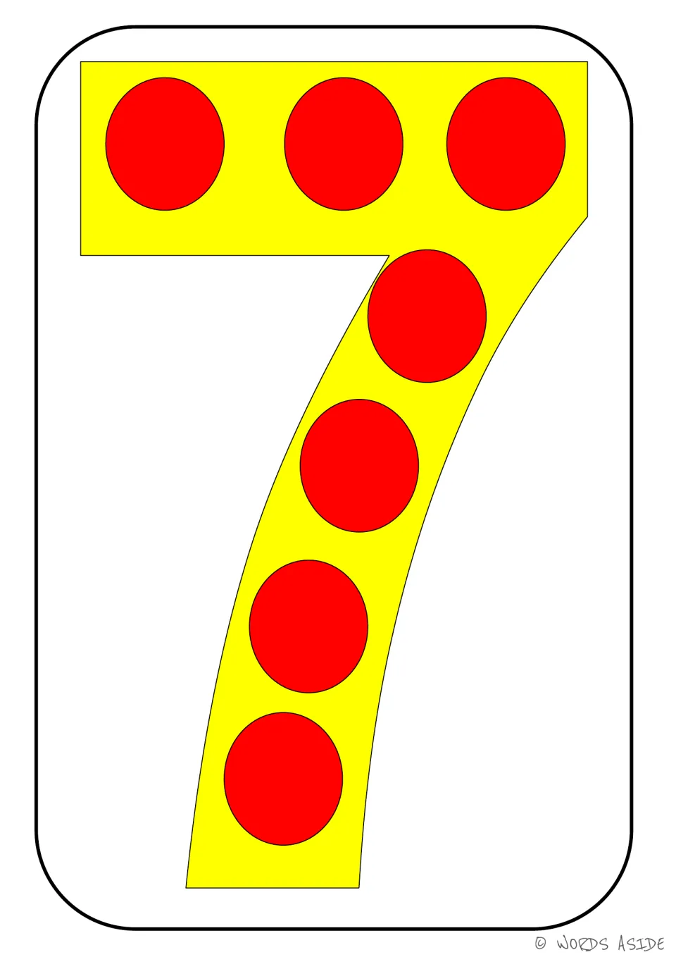 Number representation card 7 of 9: yellow numeral 7 with seven red dots showing the matching quantity.