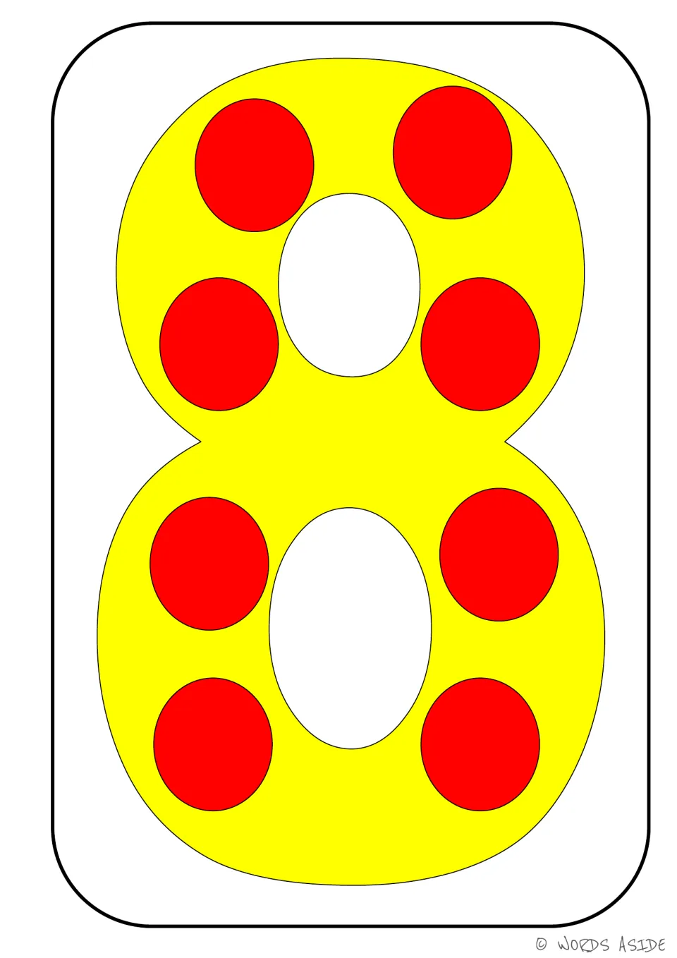 Number representation card 8 of 9: yellow numeral 8 with eight red dots showing the matching quantity.