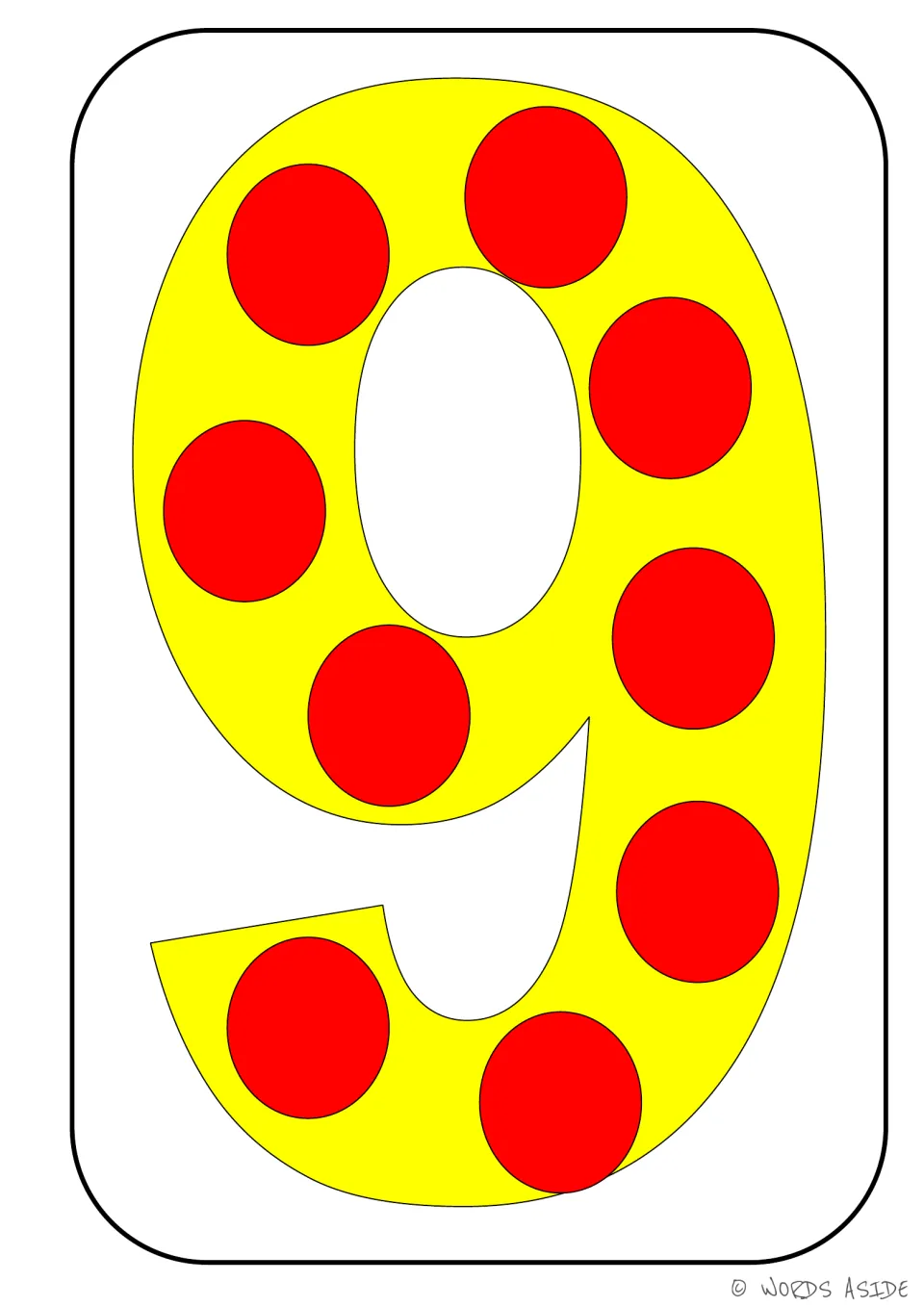 Number representation card 9 of 9: yellow numeral 9 with nine red dots showing the matching quantity.