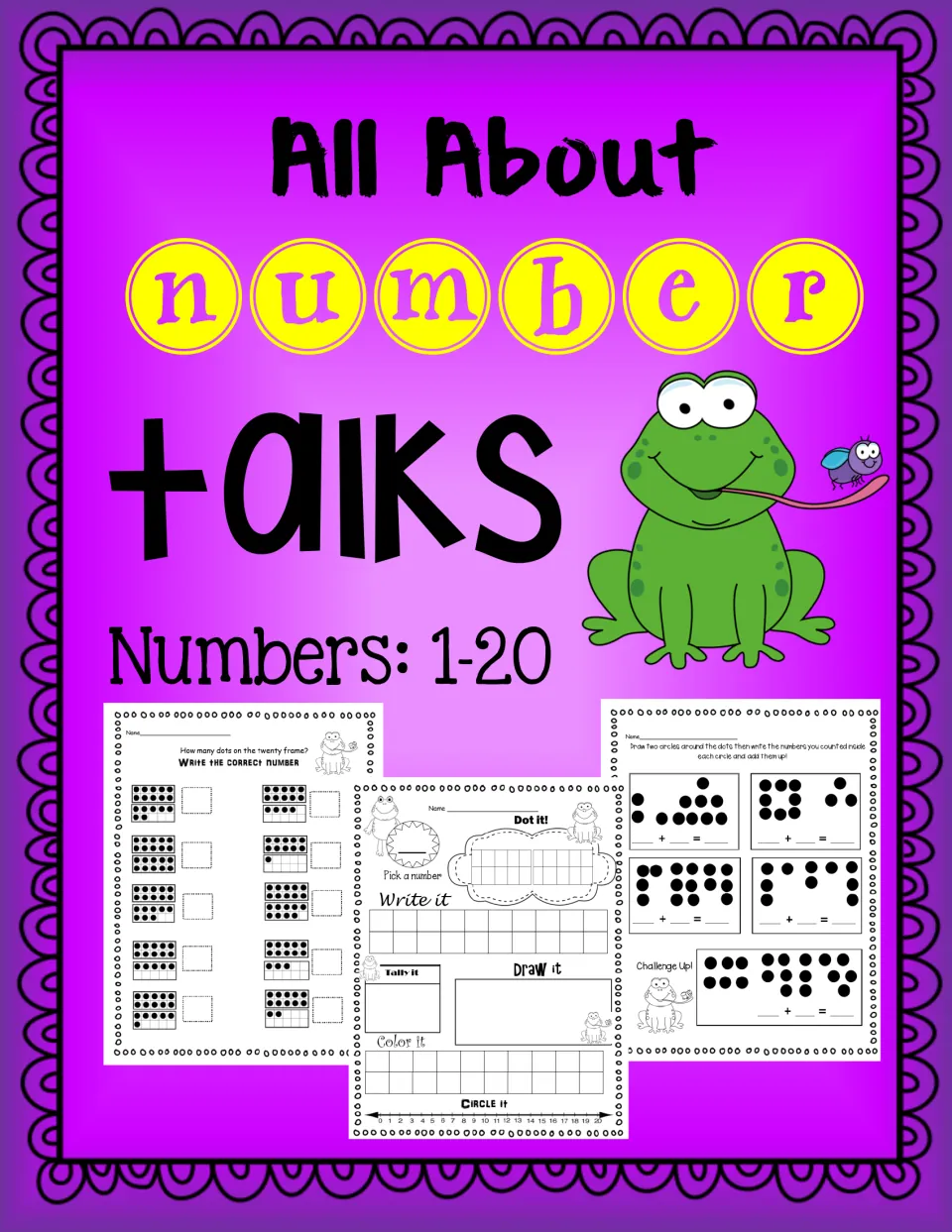 All About Number Talks cover, Numbers 1-20, with a frog and samples of twenty-frame, Dot it! and dot-addition pages