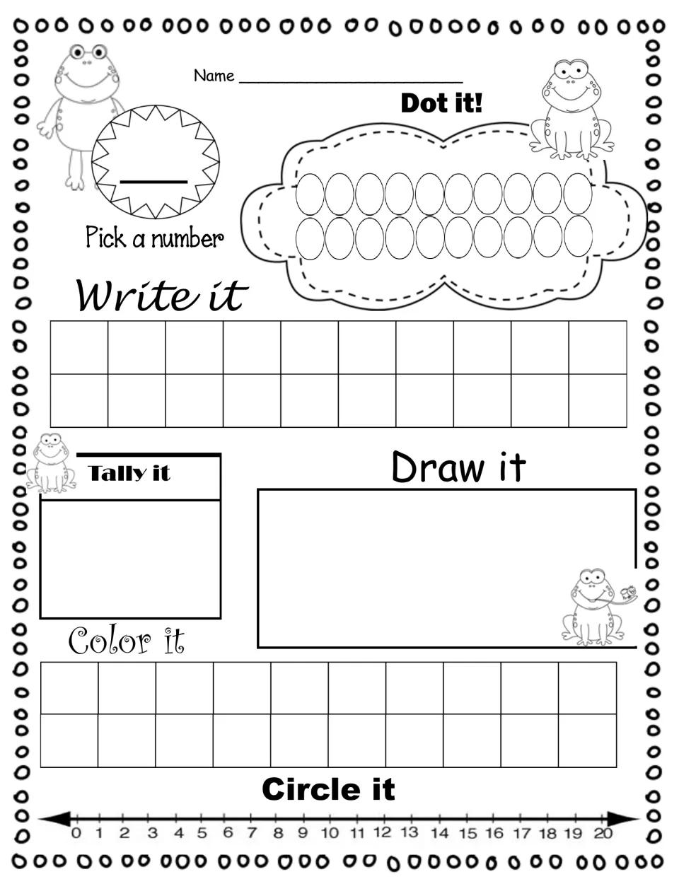 Pick a number: students choose any number to 20, then write, dot, tally, draw, color it and circle it on a 0-20 number line