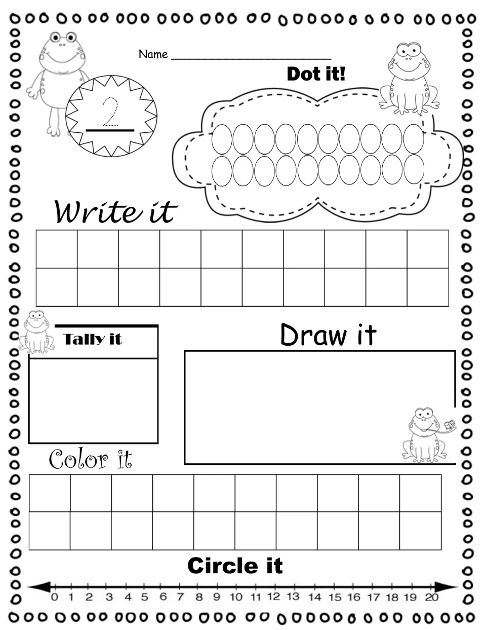 Number 2: trace the dotted numeral, then show two by dotting, tallying, drawing and coloring, and find it on the line