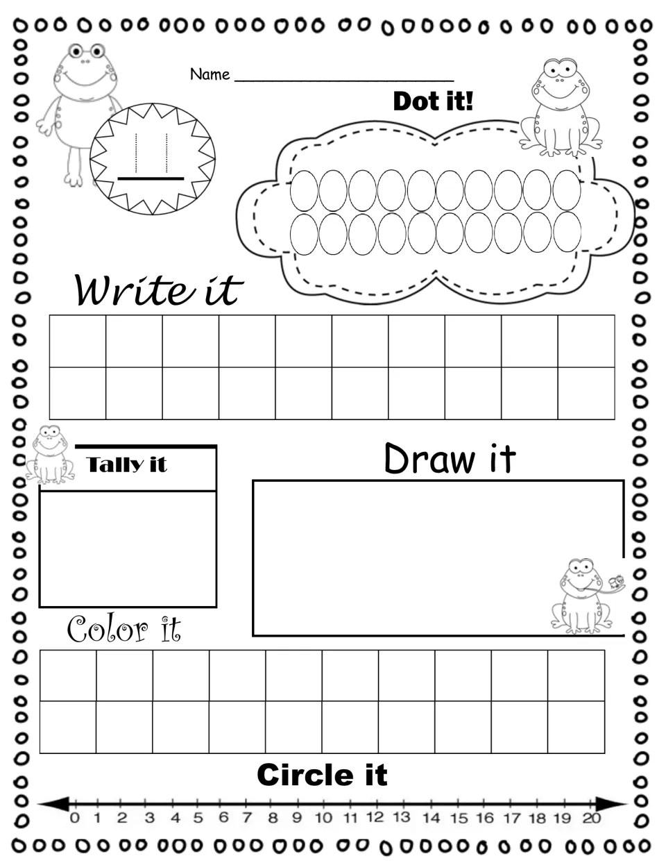 Number 11: trace the dotted numeral, write it, then show eleven with dots, tally marks, a drawing and coloring; circle it