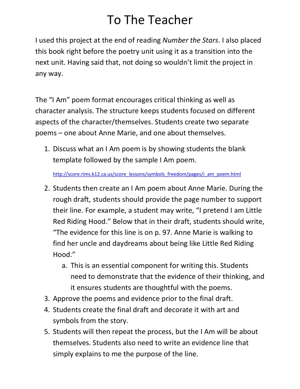 To The Teacher: steps for an I Am poem about Anne Marie with page-number evidence, then a second poem about themselves
