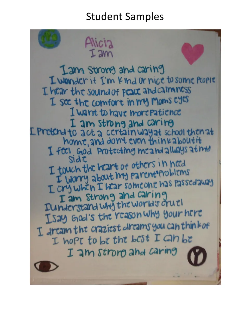 Student sample: personal I Am poem repeating 'I am strong and caring', decorated with a heart, Earth and an eye