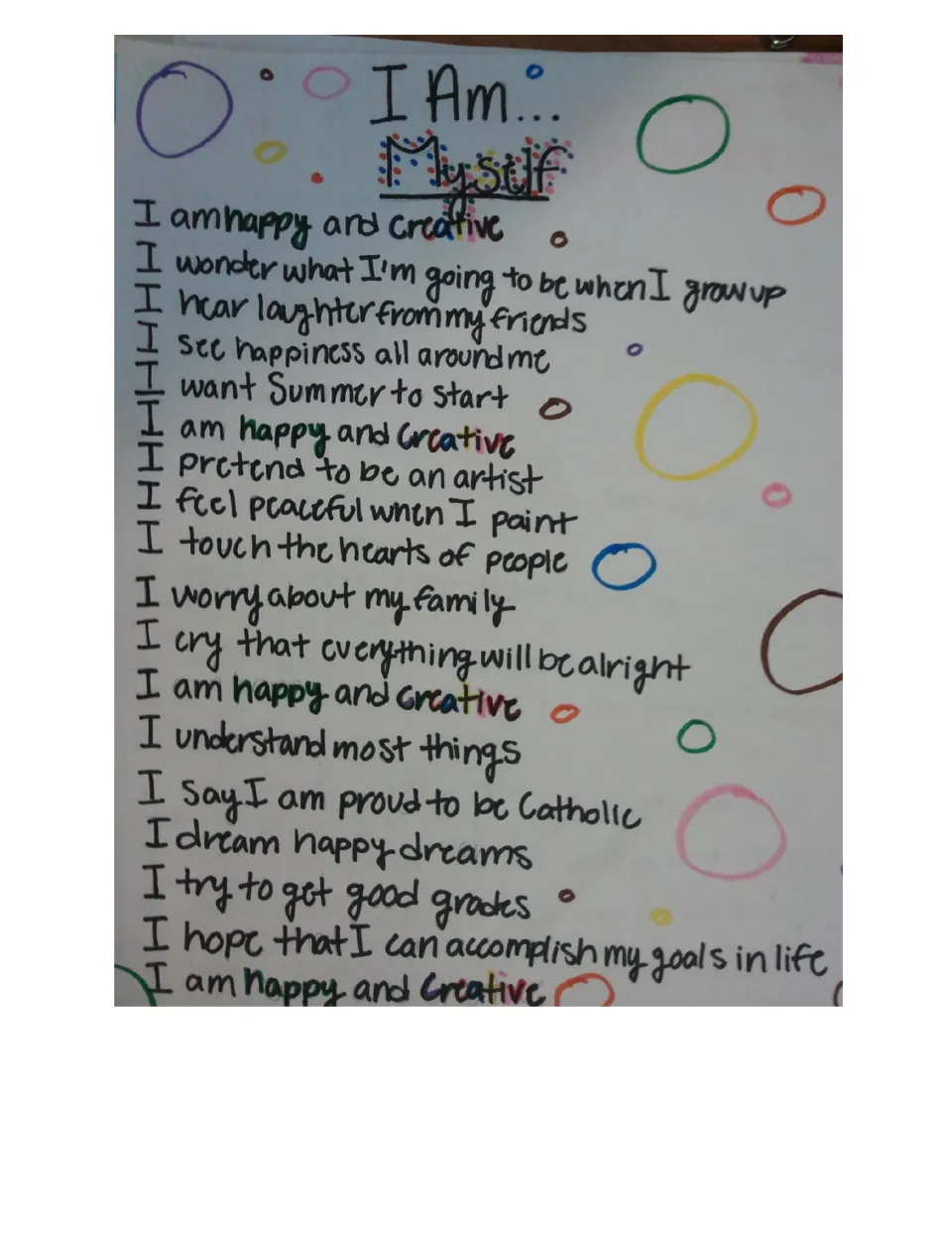 Student I Am poem titled 'Myself' repeating 'I am happy and creative', with lines about friends, painting and family