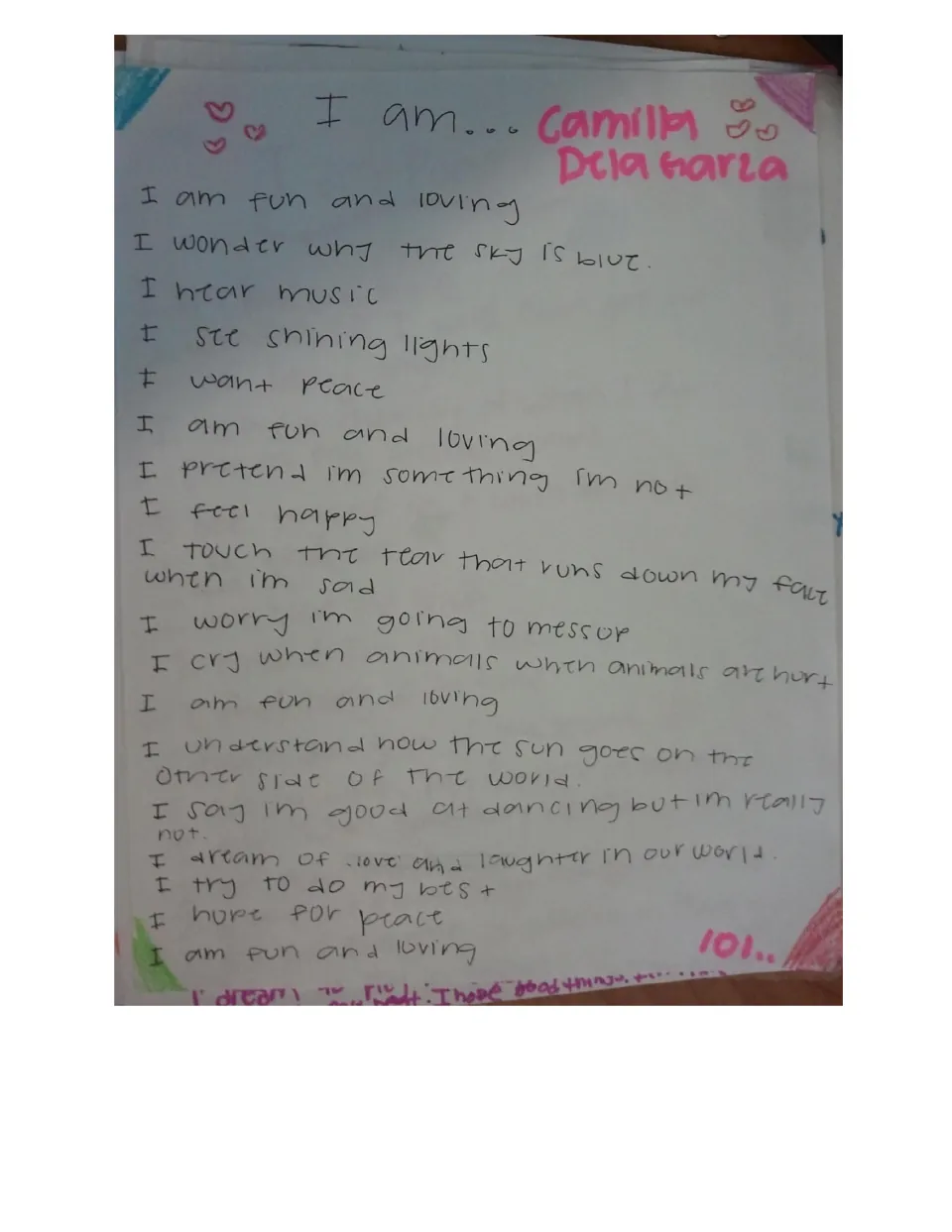 Handwritten student I Am poem repeating 'I am fun and loving', with lines about music, peace, animals and dancing