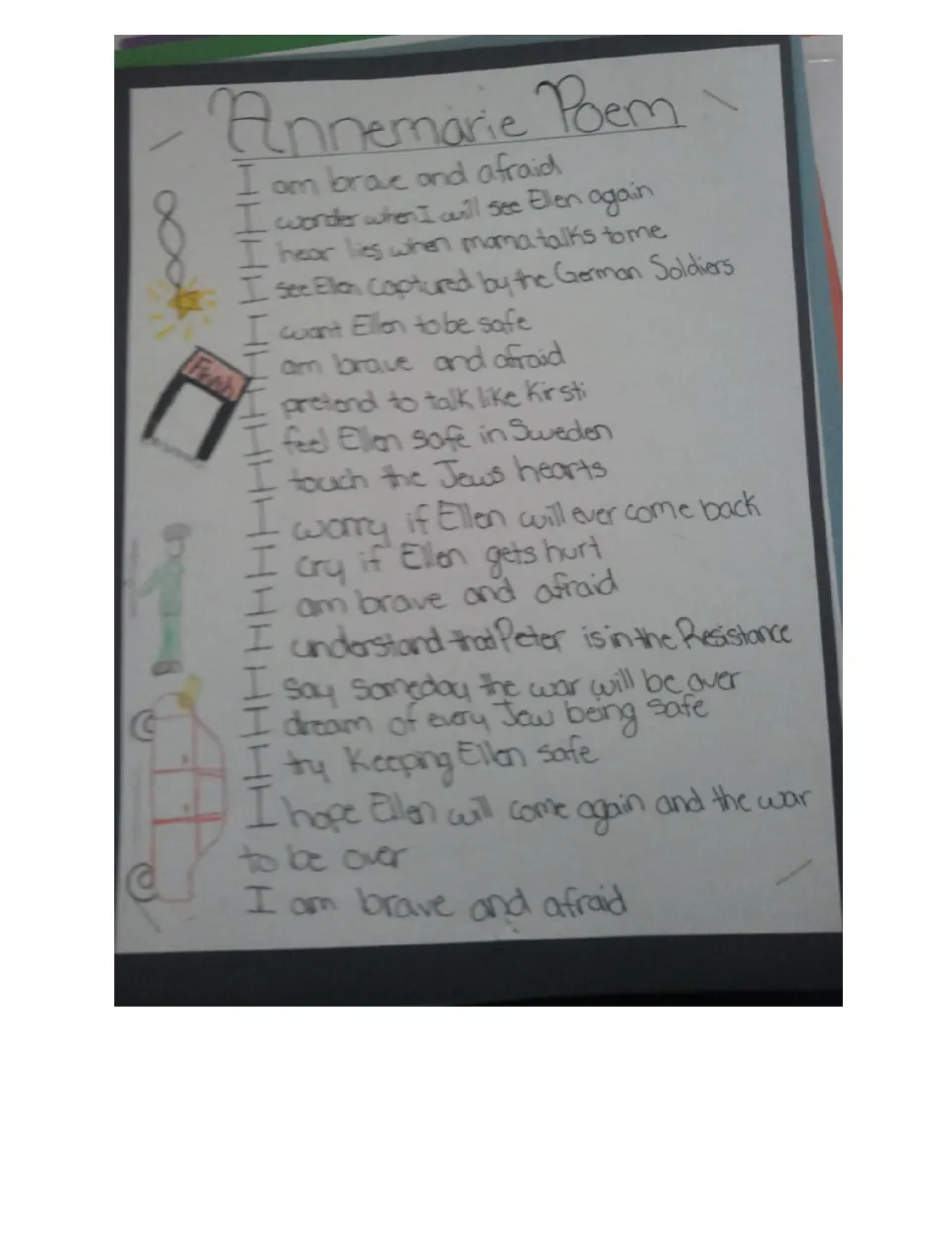 Student Annemarie Poem, 'I am brave and afraid', with lines about Ellen, Kirsti and Peter beside story drawings