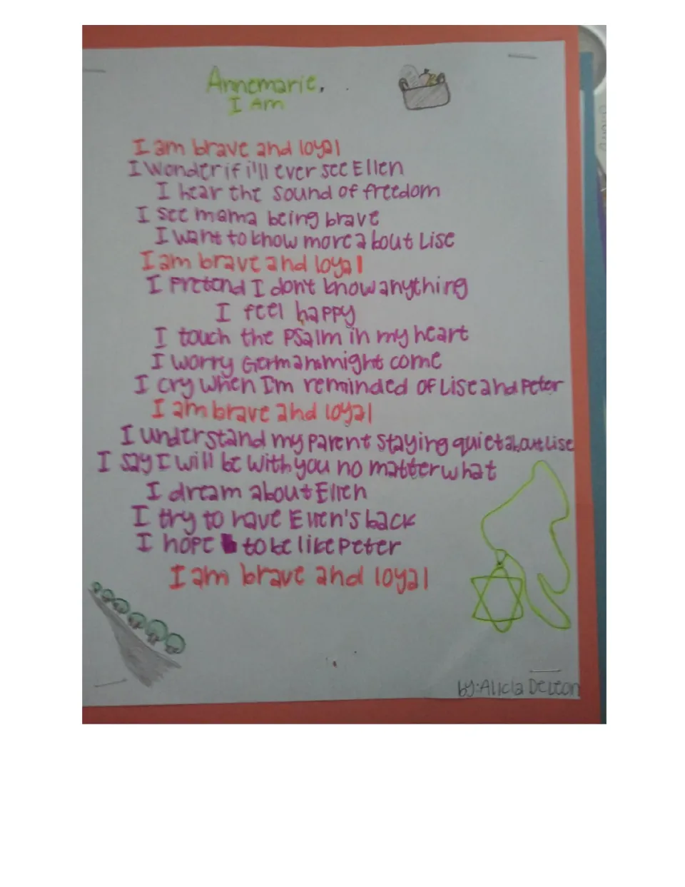 Student I Am poem as Annemarie, 'I am brave and loyal', naming Ellen, Lise and Peter, with a Star of David drawing