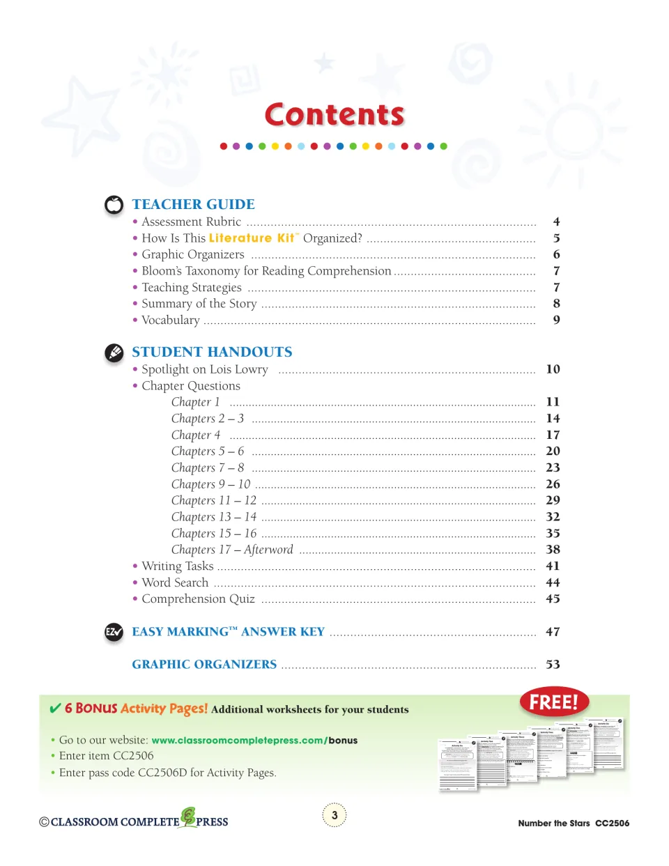 Contents lists the teacher guide, chapter handouts, writing tasks, word search, quiz, answer key, and organizers