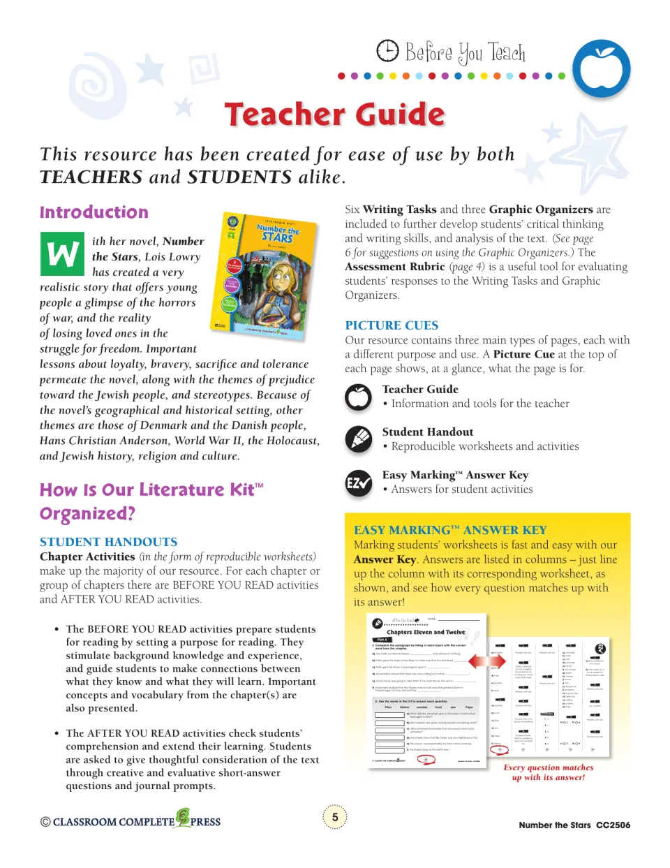 Teacher guide explains before- and after-reading activities, six writing tasks, organizers, and answer key use