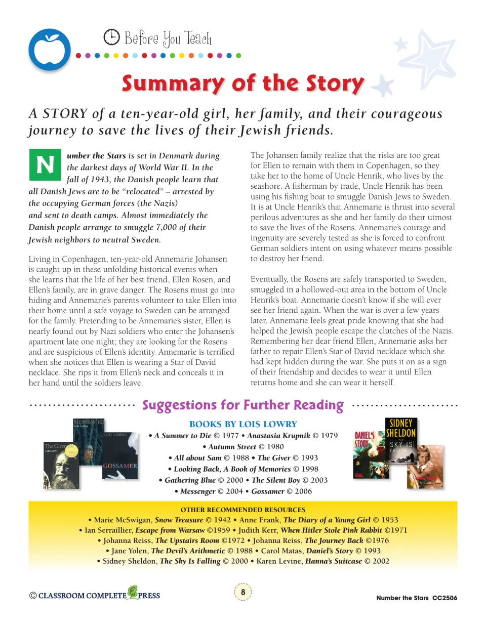 Story summary follows Annemarie's family helping their Jewish friends escape Denmark, with further reading titles