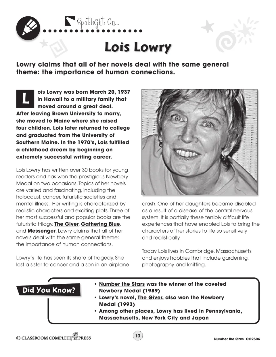Author spotlight introduces Lois Lowry's life, writing career, themes of human connection, and Newbery awards