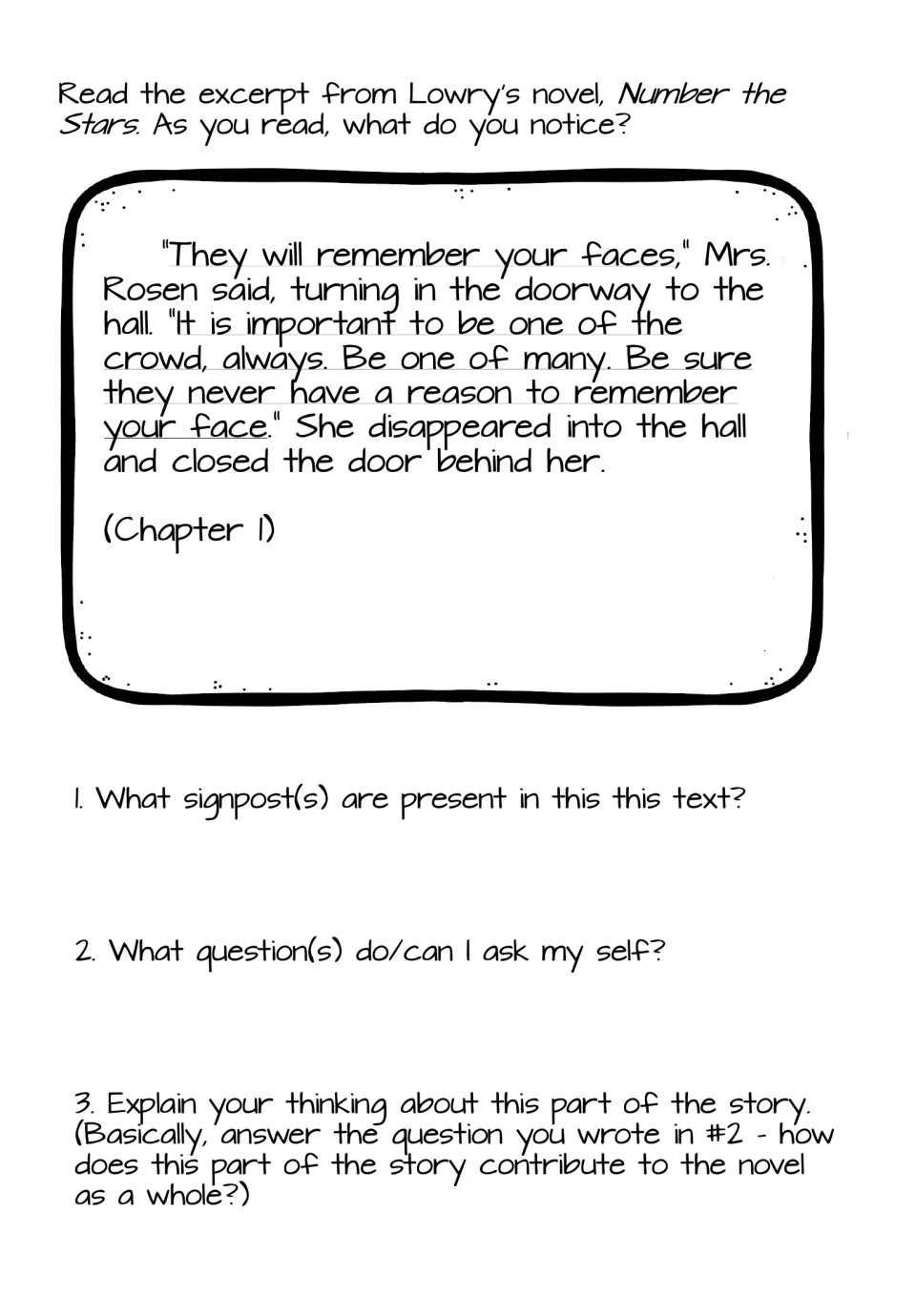 Chapter 1 excerpt of Mrs. Rosen warning the girls to be one of the crowd; students identify the signpost and explain it