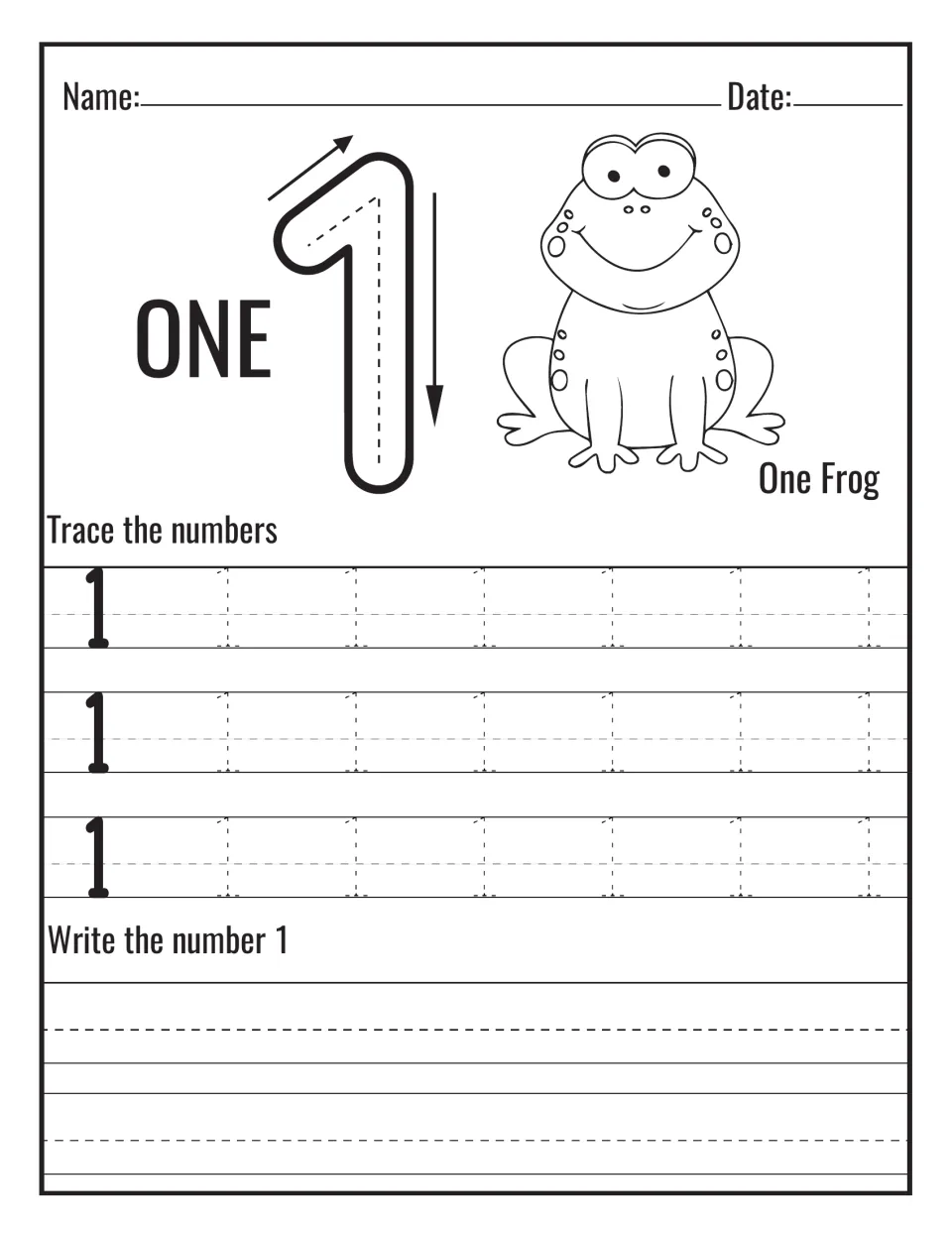 Number 1 and the word ONE: students follow arrows on a big 1, count one frog, trace dotted 1s, then write 1 alone