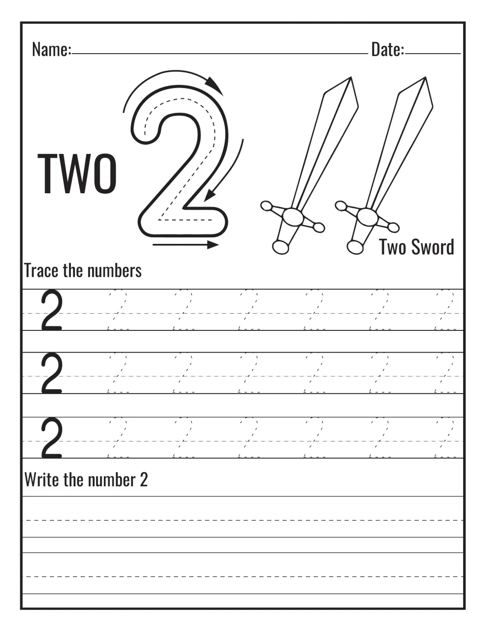 Number 2 and the word TWO: students follow the stroke arrows, count two swords, trace rows of dotted 2s and write 2
