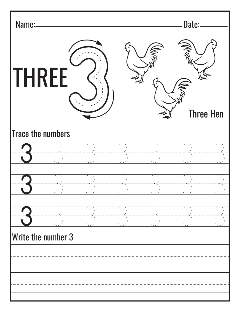 Number 3 and the word THREE: students trace the arrowed 3, count three hens, trace dotted 3s and write the number 3