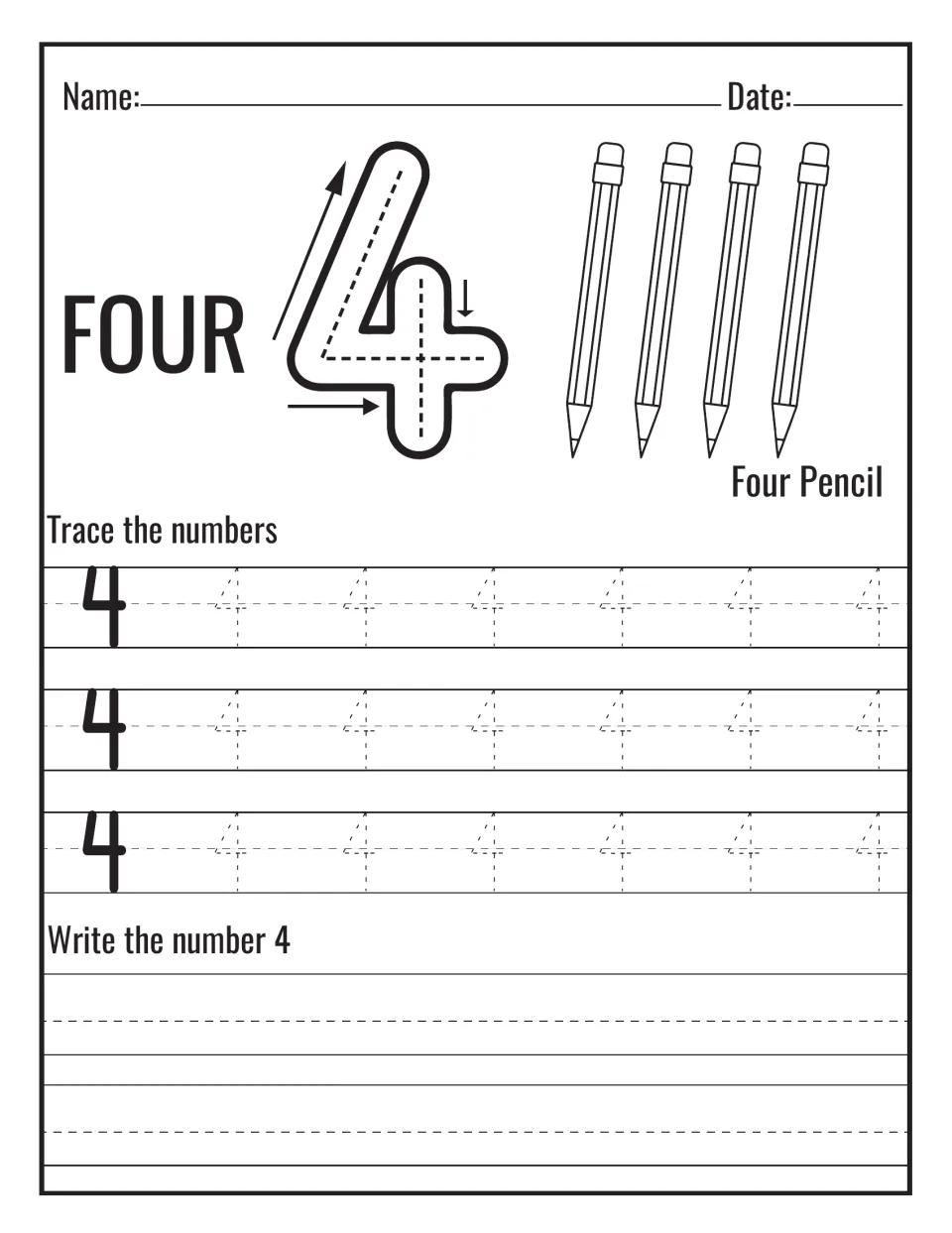 Number 4 and the word FOUR: students follow the arrows on a big 4, count four pencils, trace dotted 4s and write 4