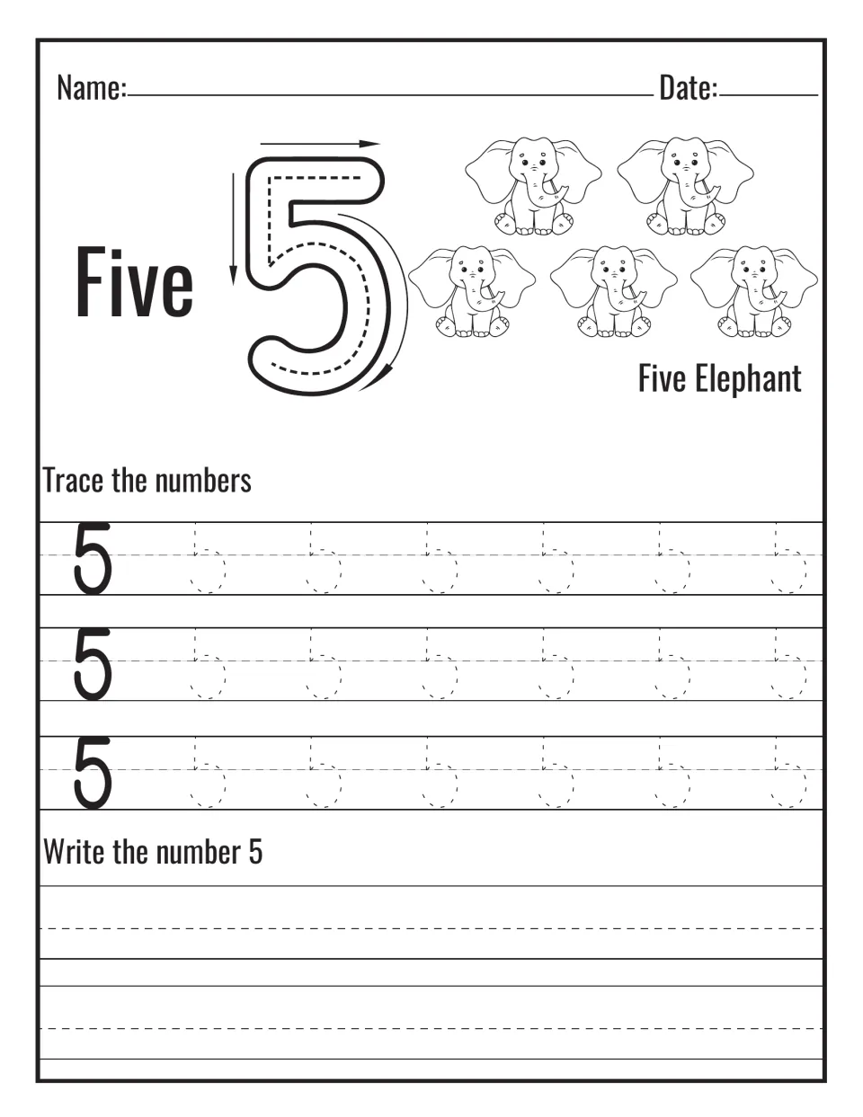 Number 5 and the word Five: students follow the arrows on a big 5, count five elephants, trace dotted 5s and write 5
