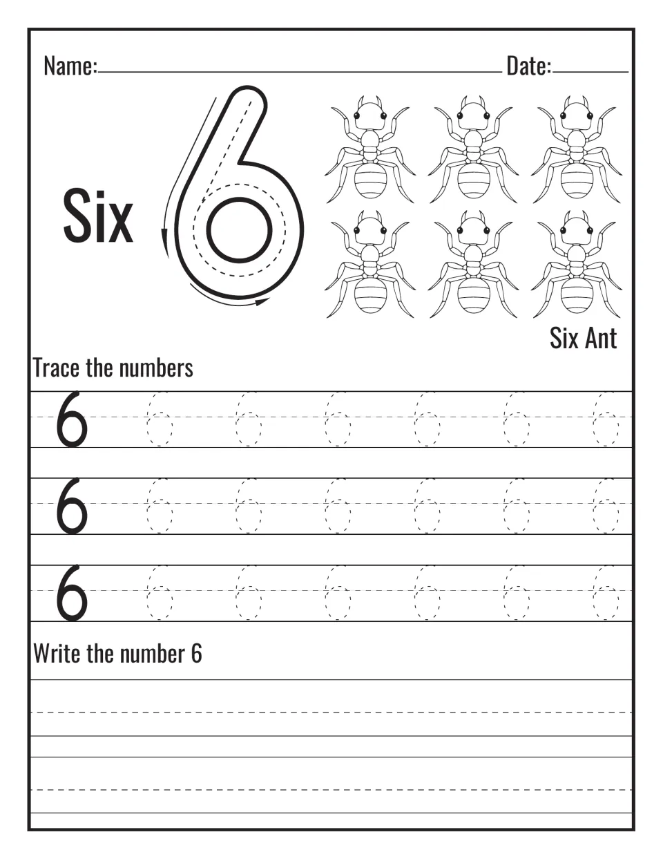 Number 6 and the word Six: students trace the arrowed 6, count six ants, trace rows of dotted 6s and write the number 6