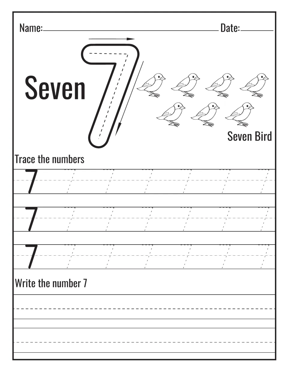 Number 7 and the word Seven: students follow the arrows on a big 7, count seven birds, trace dotted 7s and write 7