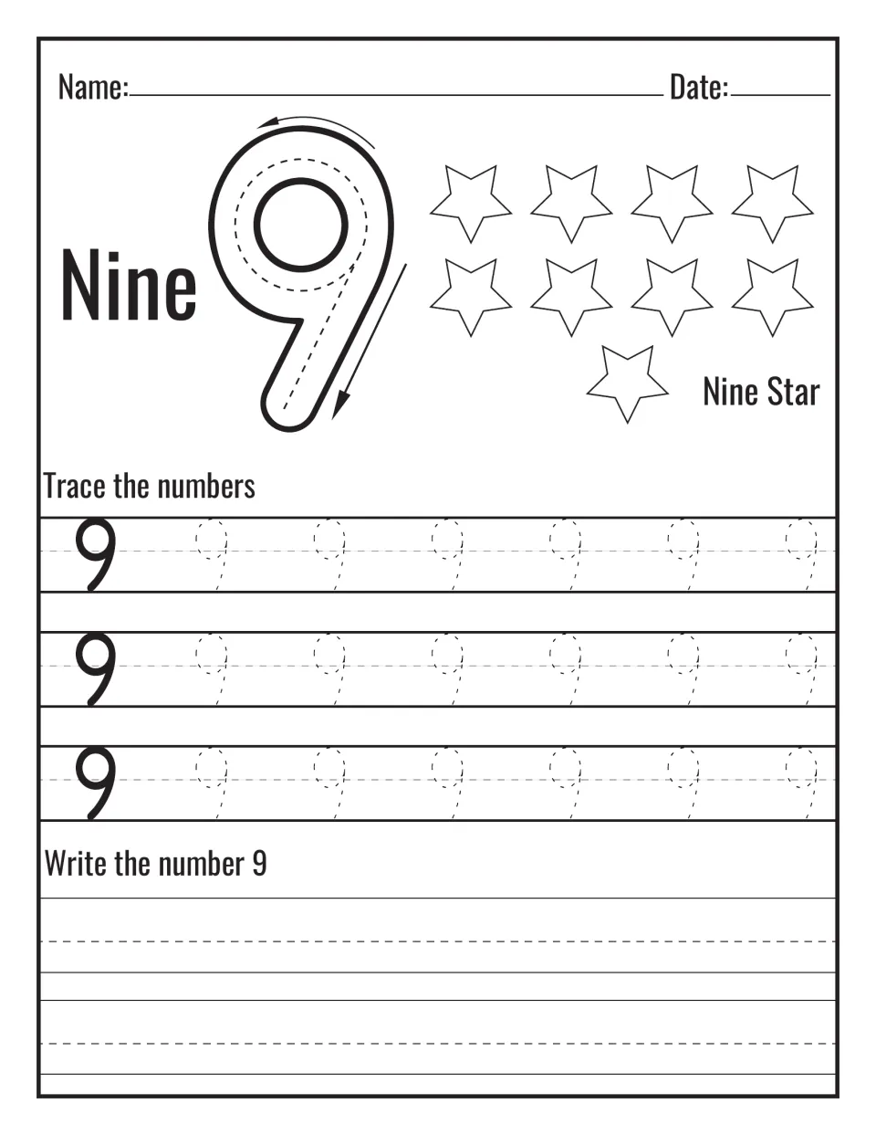 Number 9 and the word Nine: students follow the arrows on a big 9, count nine stars, trace dotted 9s and write 9