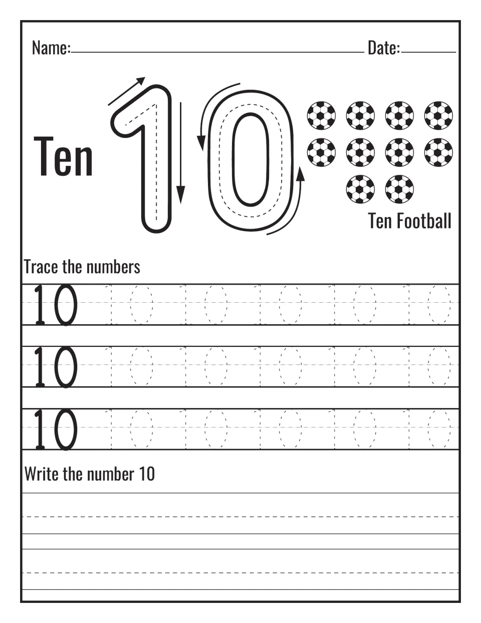 Number 10 and the word Ten: students trace the arrowed 10, count ten soccer balls, trace dotted 10s and write 10