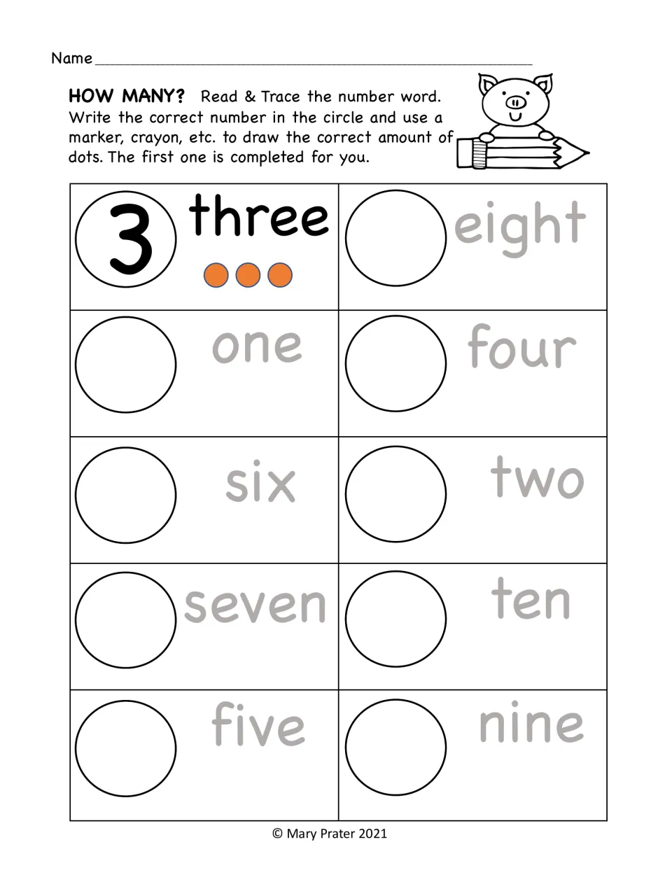 Number word practice: trace one through ten, write matching numerals, and draw dots, with three completed