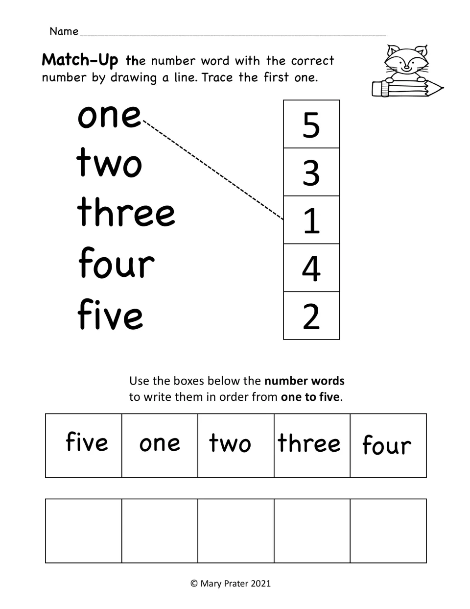 Number word matching practice for one through five, followed by writing the five number words in order