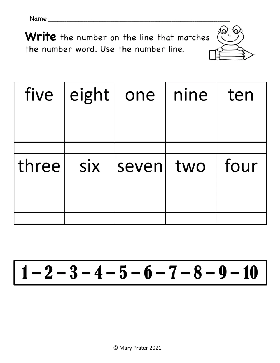 Numeral writing practice for ten number words, including five, eight, and one, using a 1–10 number line