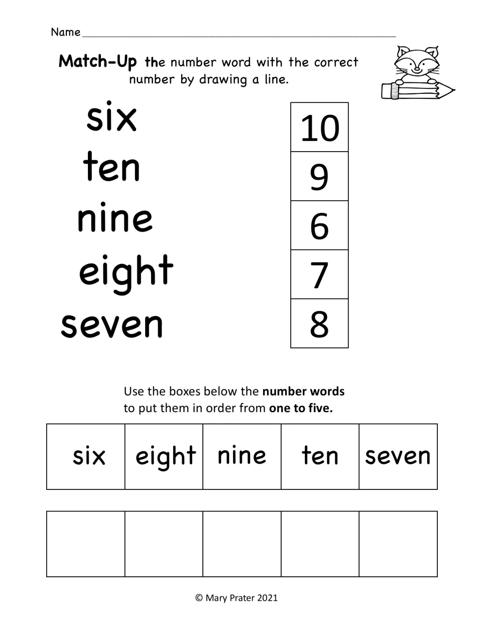 Number word matching practice for six, ten, nine, eight, and seven, followed by a word ordering activity